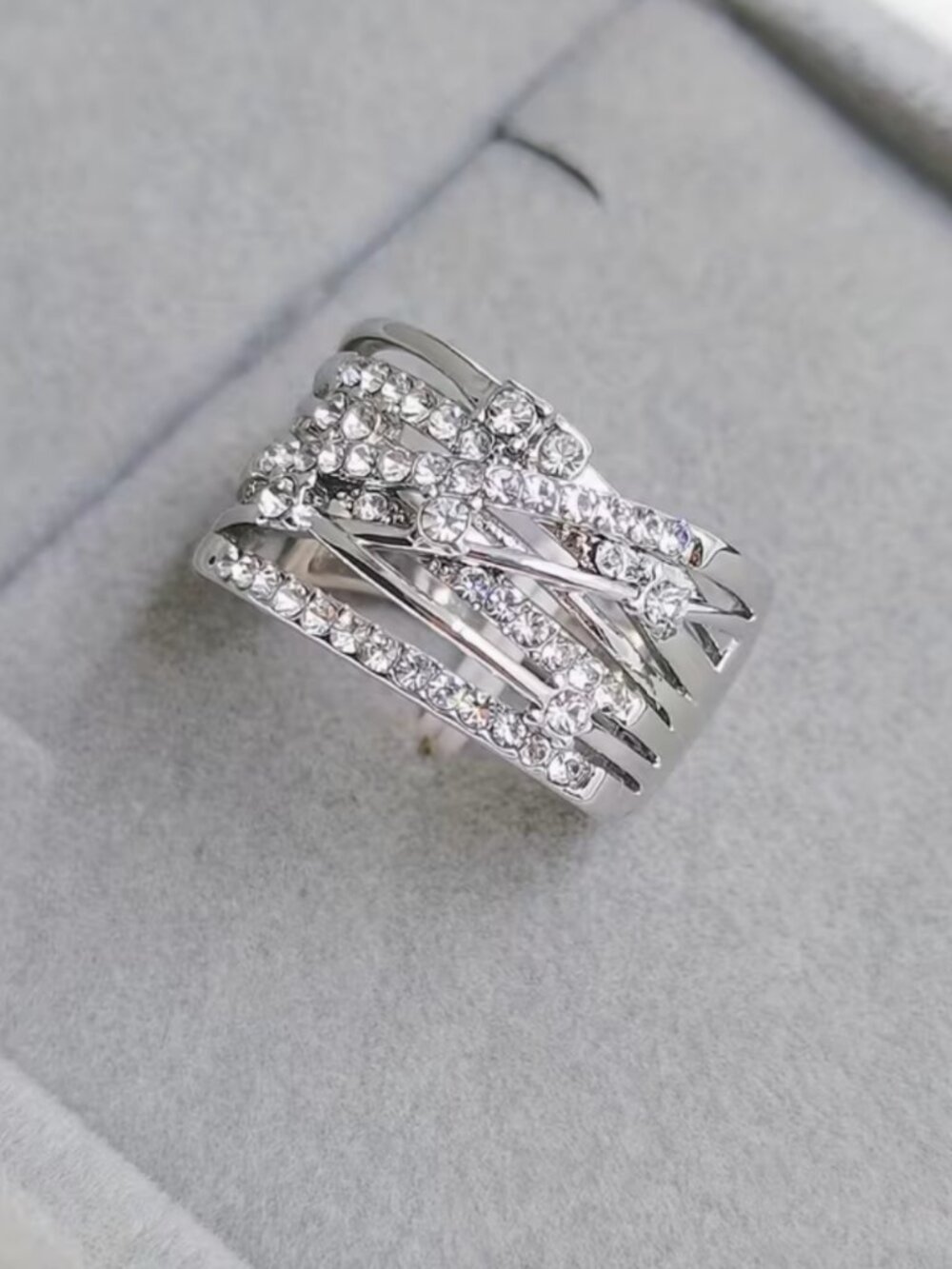 Silver Crystal Statement Ring — Size 10